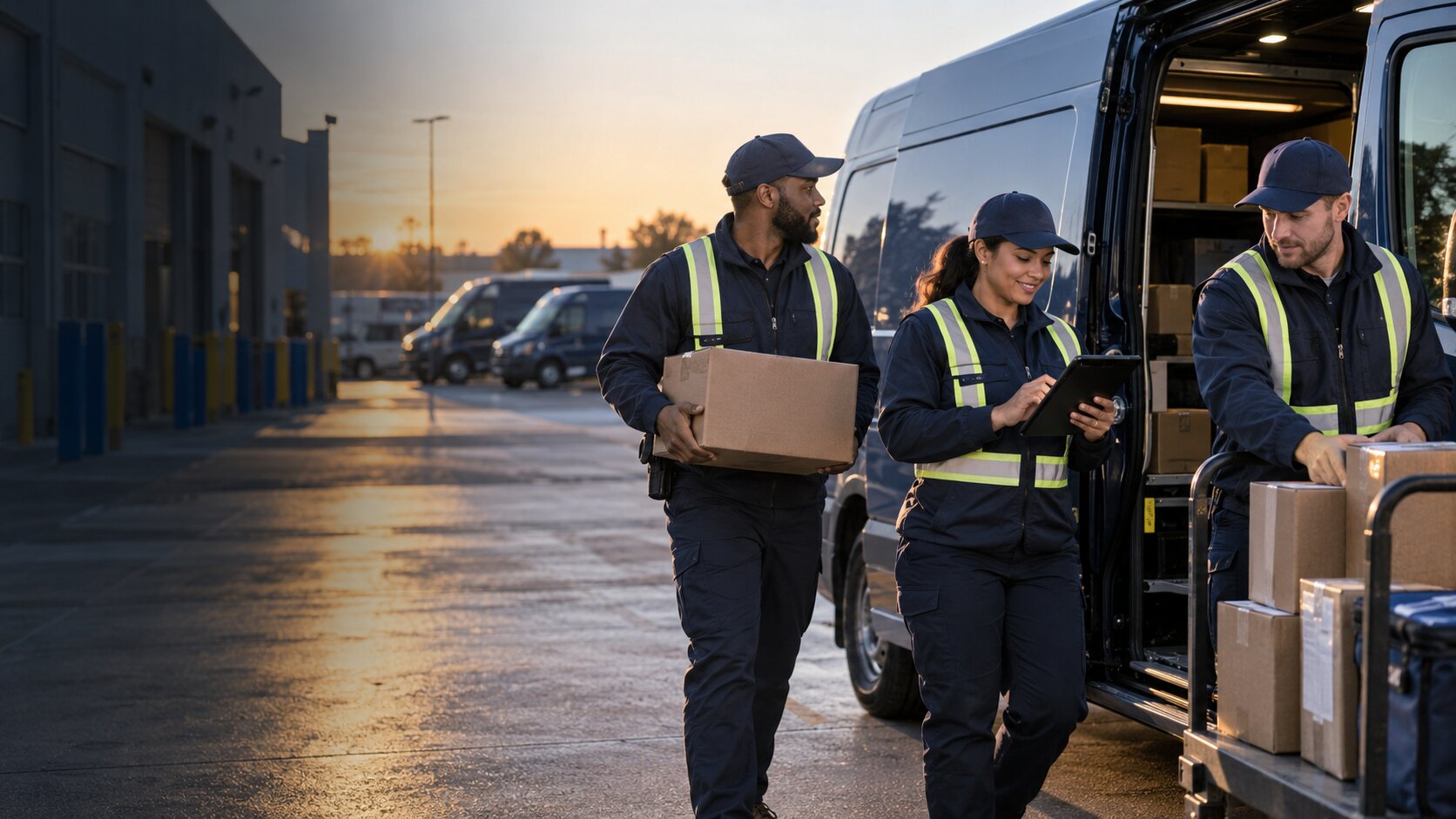 Delivery associates preparing packages beside a delivery van